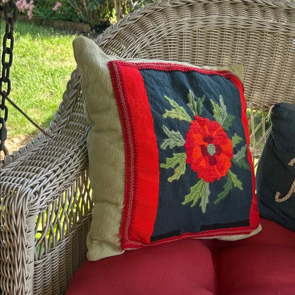 Vintage Handmade Floral Red and Green Needlepoint Holiday Pillow